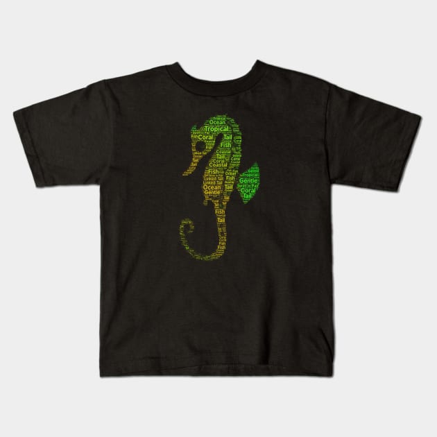 Green and Orange Seahorse Original Word Cloud Art Kids T-Shirt by ckandrus